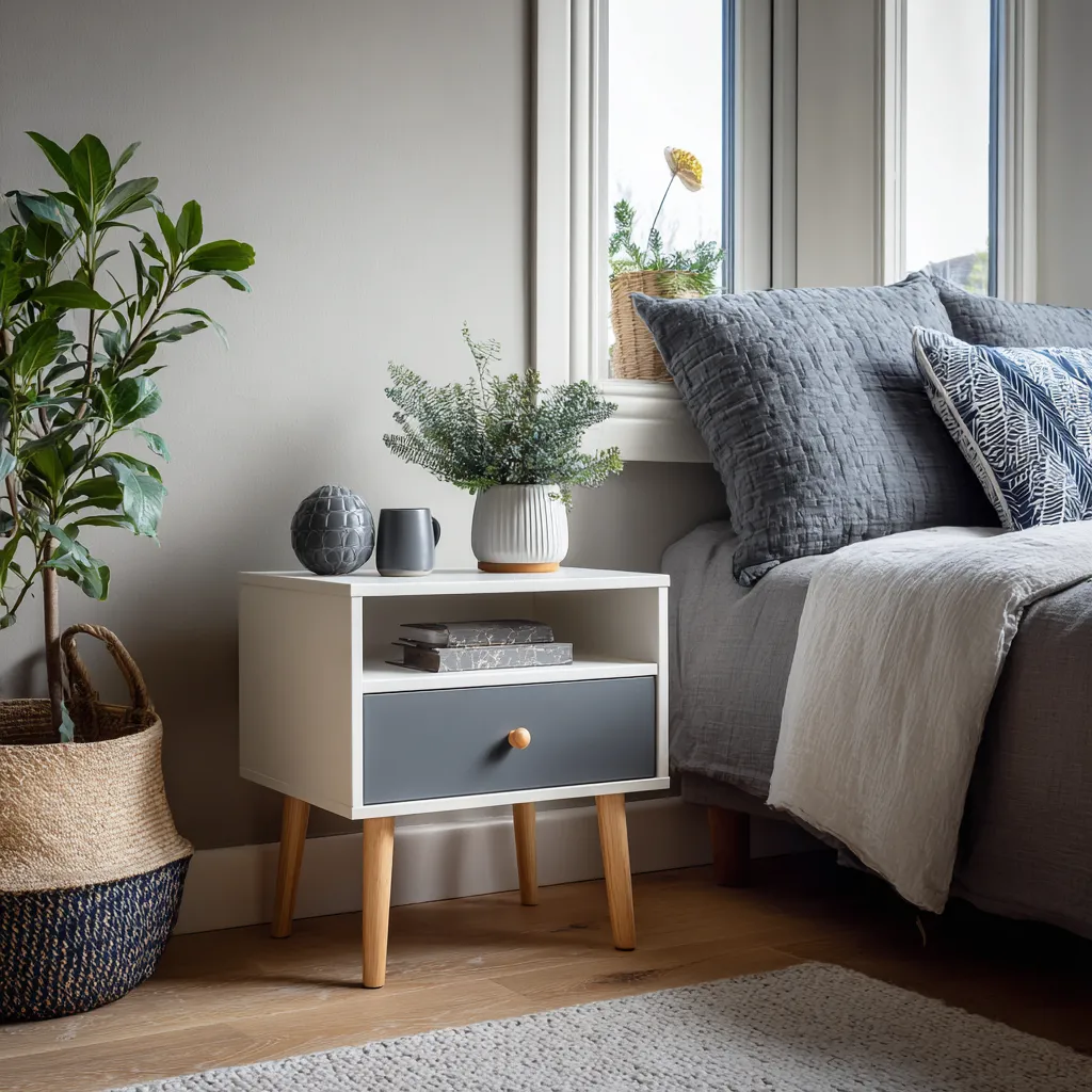 Comodino 45x35x55 cm bianco-grigio-legno chiaro con 1 cassetto e ripiano aperto per camera da letto design moderno-Havenilo