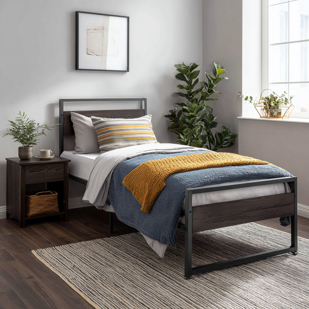 Letto singolo metallo-legno 200x100x110 cm nero-legno scuro uso camera da letto - design moderno con pannelli in legno-Havenilo