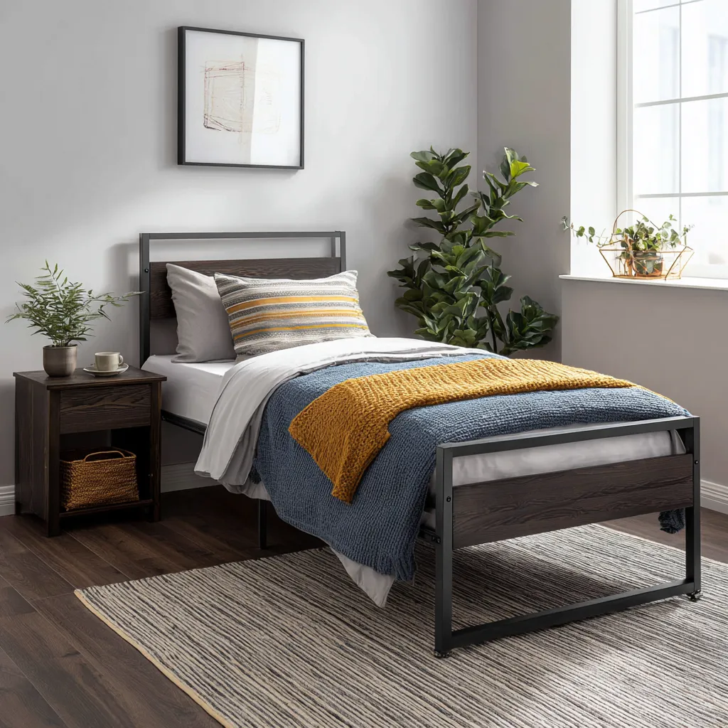 Letto singolo metallo-legno 200x100x110 cm nero-legno scuro uso camera da letto - design moderno con pannelli in legno-Havenilo