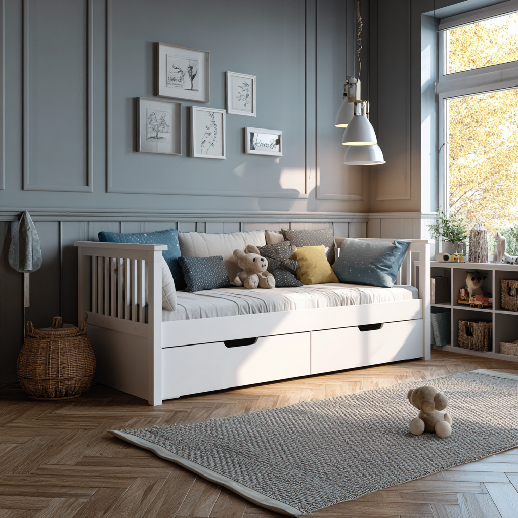 Divano letto legno 210x90x95 cm bianco uso soggiorno - design con cassetti salvaspazio-Havenilo