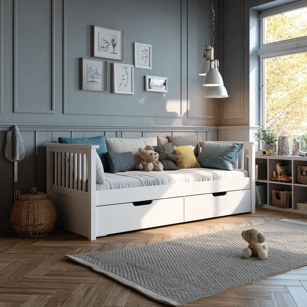 Divano letto legno 210x90x95 cm bianco uso soggiorno - design con cassetti salvaspazio-Havenilo