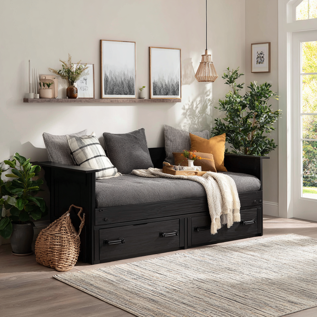 Divano letto legno 205x95x90 cm - nero - camera da letto-soggiorno - design classico-Havenilo
