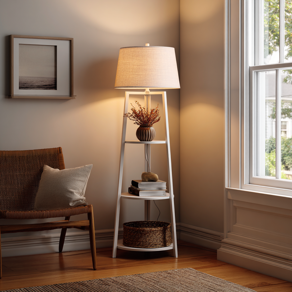 Lampada da terra metallo-legno-tessuto 38x38x160 cm - bianco-beige - design moderno-Havenilo