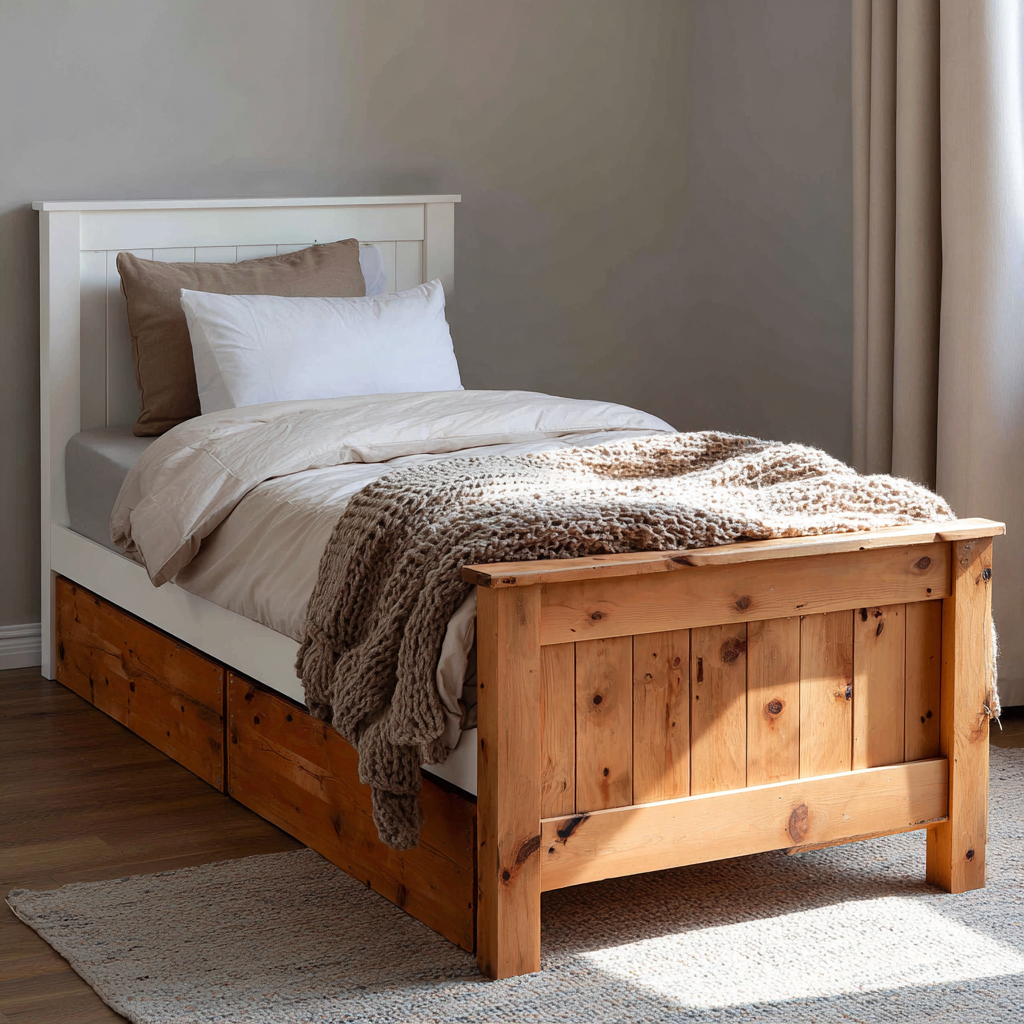 Letto singolo legno 200x100x105 cm - bianco-marrone - design rustico-Havenilo