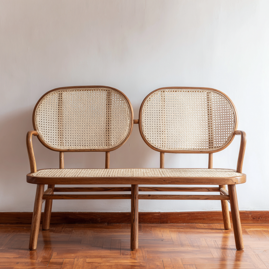 Panca da giardino 120x55x90 cm legno e rattan naturale per terrazza e giardino design vintage-Havenilo