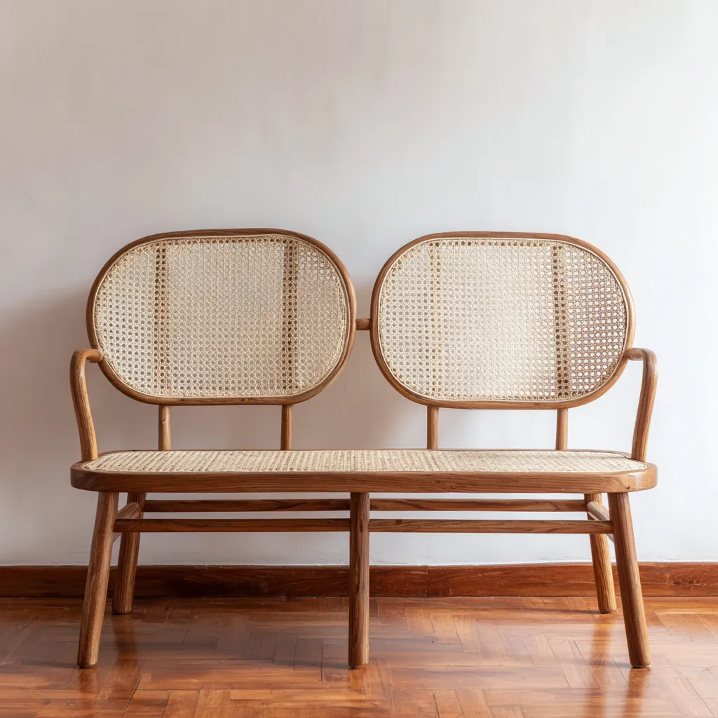 Panca da giardino 120x55x90 cm legno e rattan naturale per terrazza e giardino design vintage-Havenilo