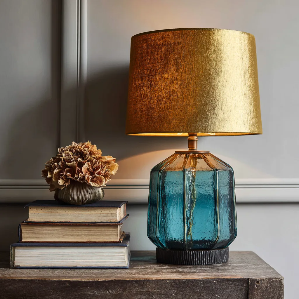 Lampada da tavolo vetro-metallo-tessuto 24x24x42 cm - blu-oro-nero - stile moderno-Havenilo