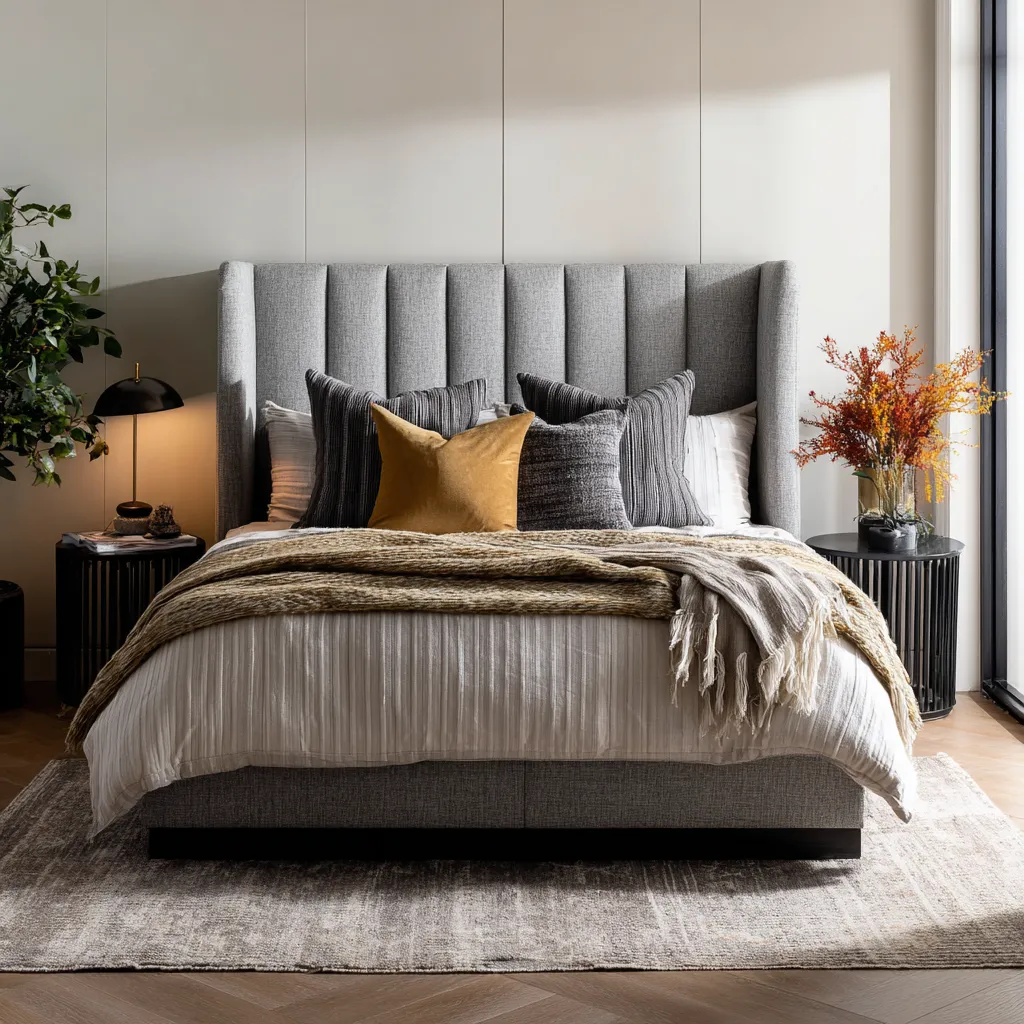 Letto matrimoniale tessuto 225x180x135 cm grigio uso camera da letto - design moderno con testiera alta imbottita-Havenilo