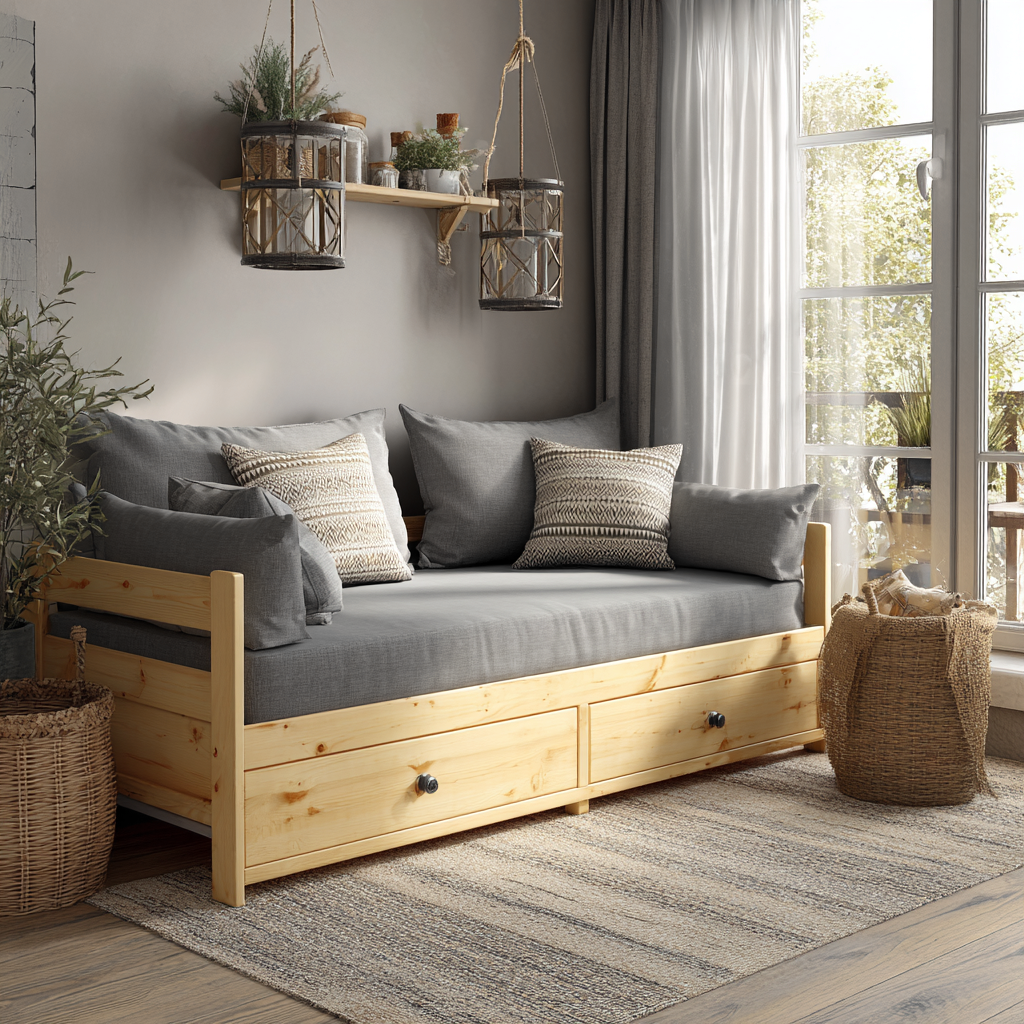 Divano letto in legno 205x100x90 cm - naturale-grigio - stile rustico-Havenilo