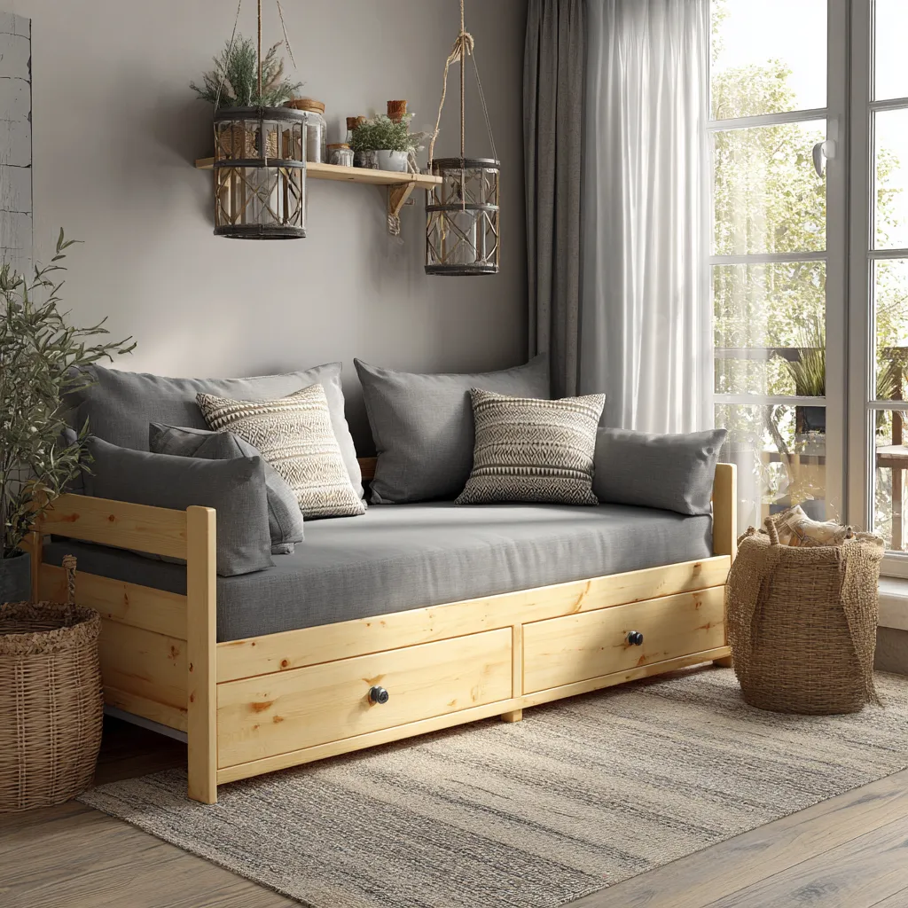 Divano letto in legno 205x100x90 cm - naturale-grigio - stile rustico-Havenilo