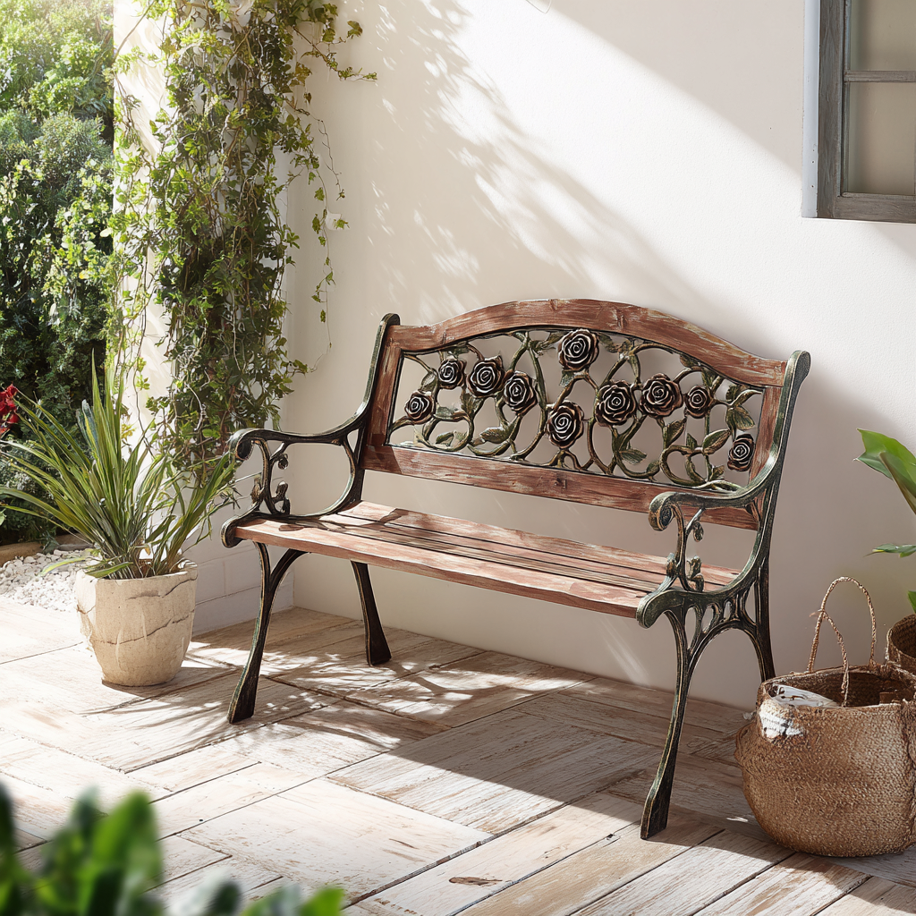 Panca da giardino 125x60x80 cm legno e struttura in ghisa marrone-nero per terrazza e giardino design classico-Havenilo