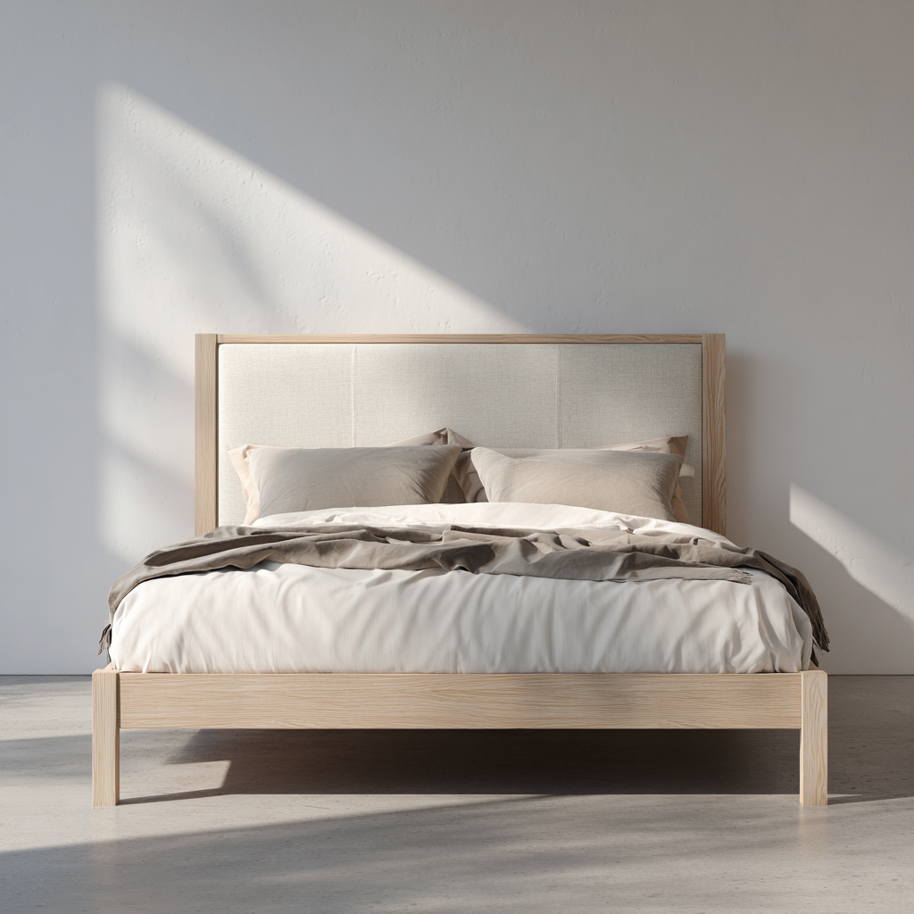 Letto matrimoniale legno-tessuto 205x165x100 cm - beige-legno naturale - per camera - design moderno-Havenilo