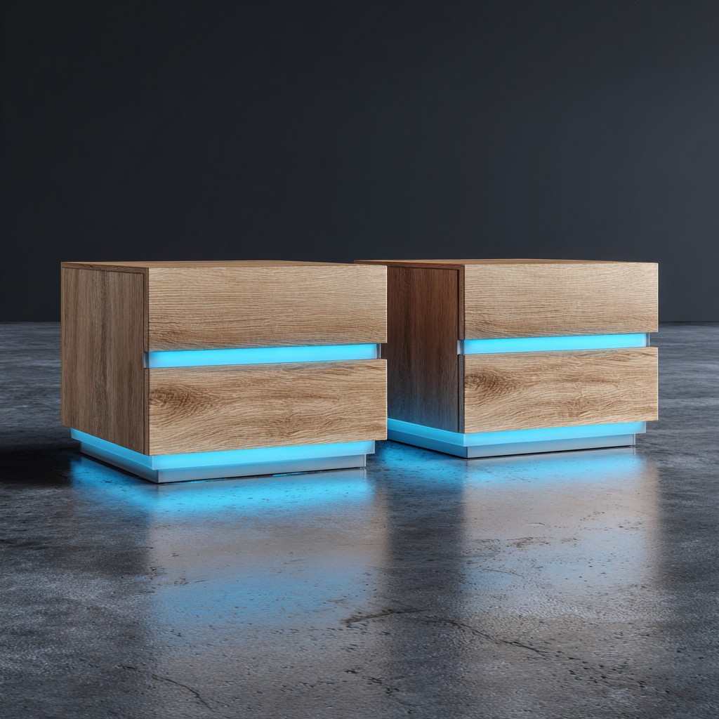 Comodino set di 2 pezzi 45x40x45 cm rovere chiaro-bianco con 2 cassetti e illuminazione LED per camera da letto design moderno-Havenilo