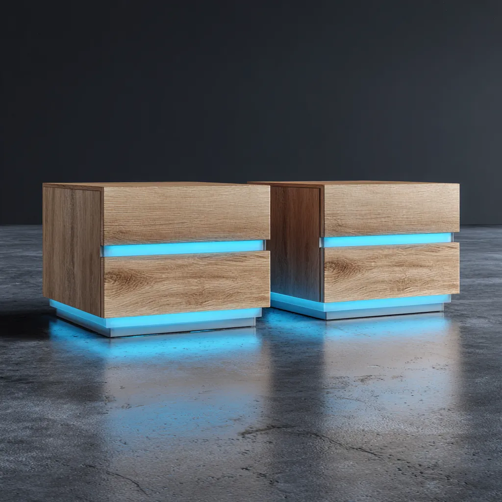 Comodino set di 2 pezzi 45x40x45 cm rovere chiaro-bianco con 2 cassetti e illuminazione LED per camera da letto design moderno-Havenilo