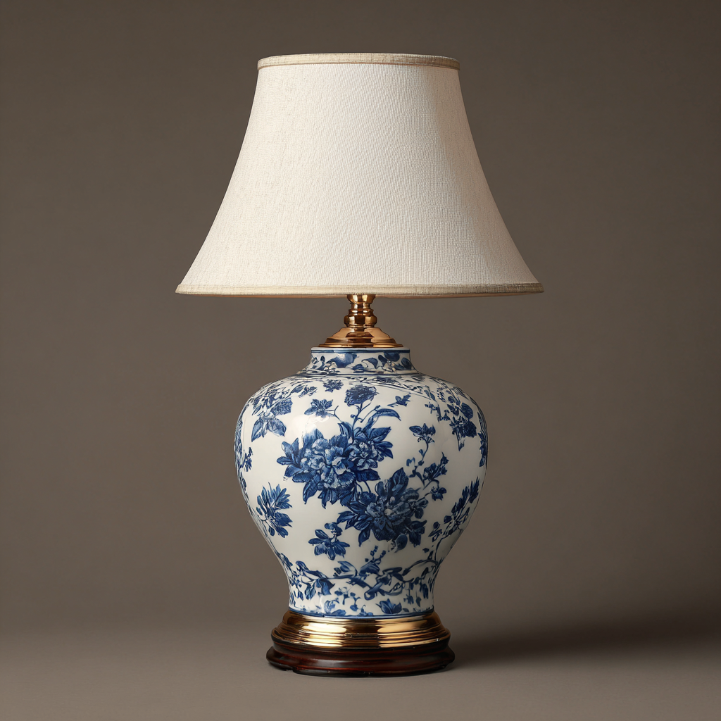 Lampada da tavolo ceramica-tessuto 30x30x50 cm - bianco-blu - design classico-Havenilo