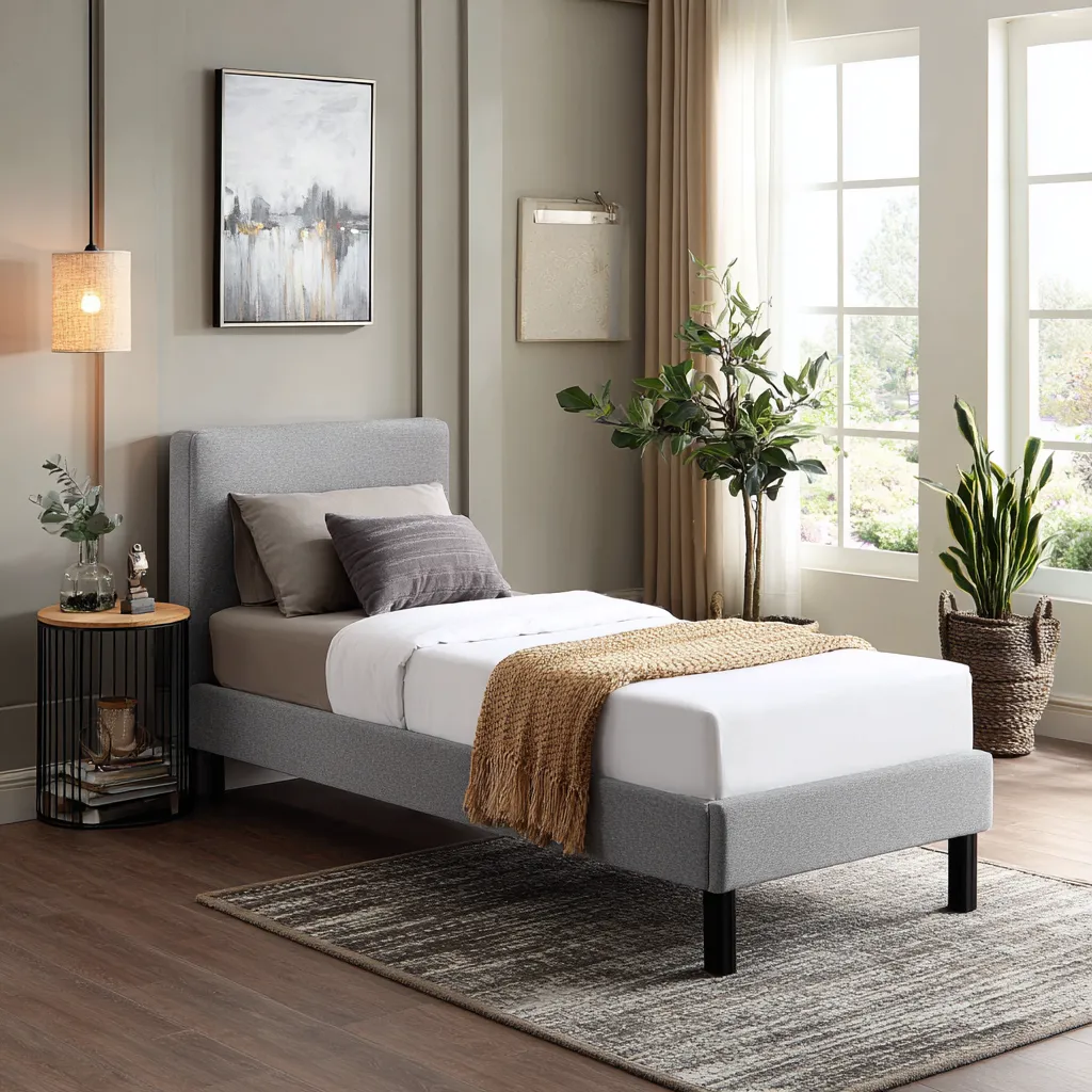 Letto singolo - struttura imbottita in tessuto 203x97x103 cm - grigio chiaro - stile moderno-Havenilo