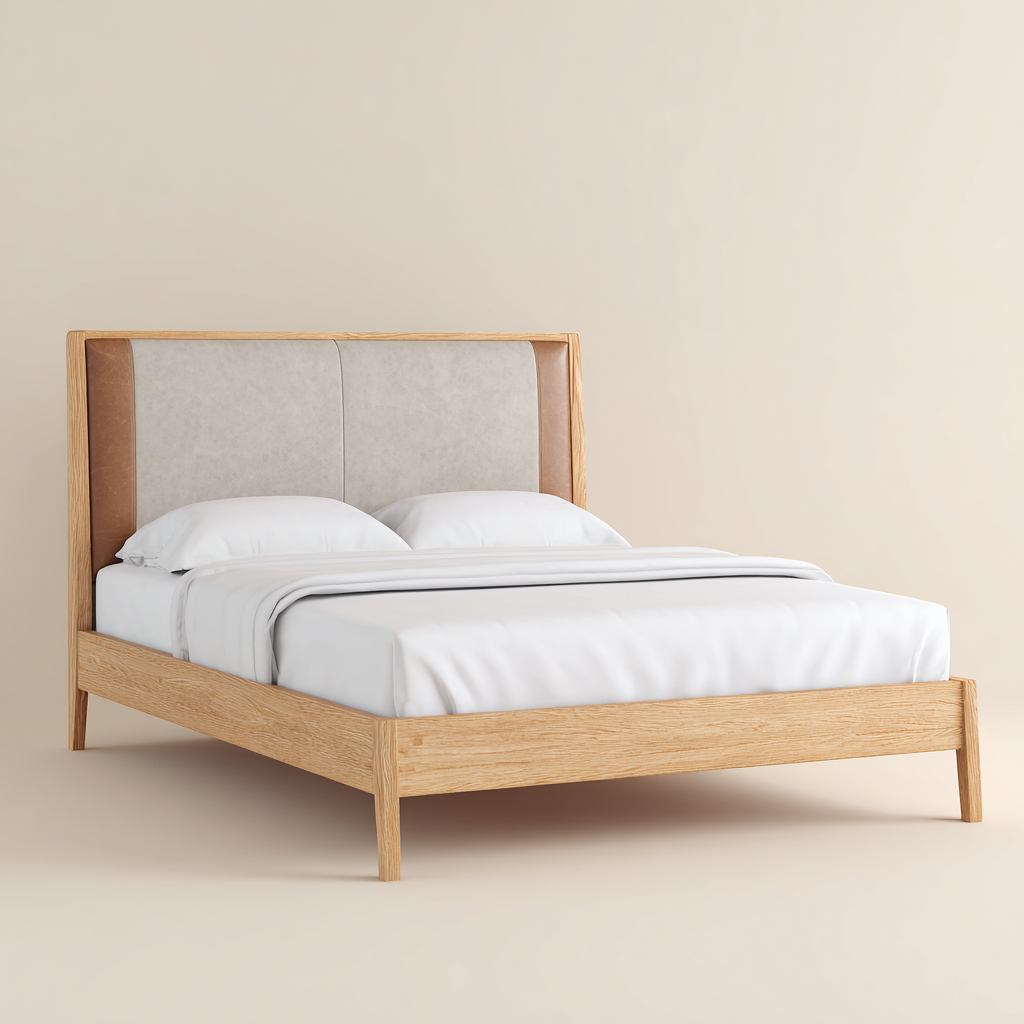 Letto matrimoniale - struttura in legno con testiera imbottita 210x167x118 cm - legno naturale-beige - stile contemporaneo-Havenilo