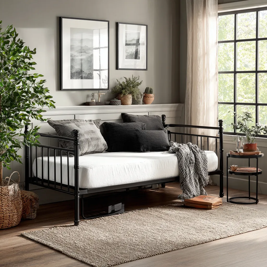 Divano letto metallo 200x90x95 cm - nero - camera da letto-soggiorno - design moderno-Havenilo