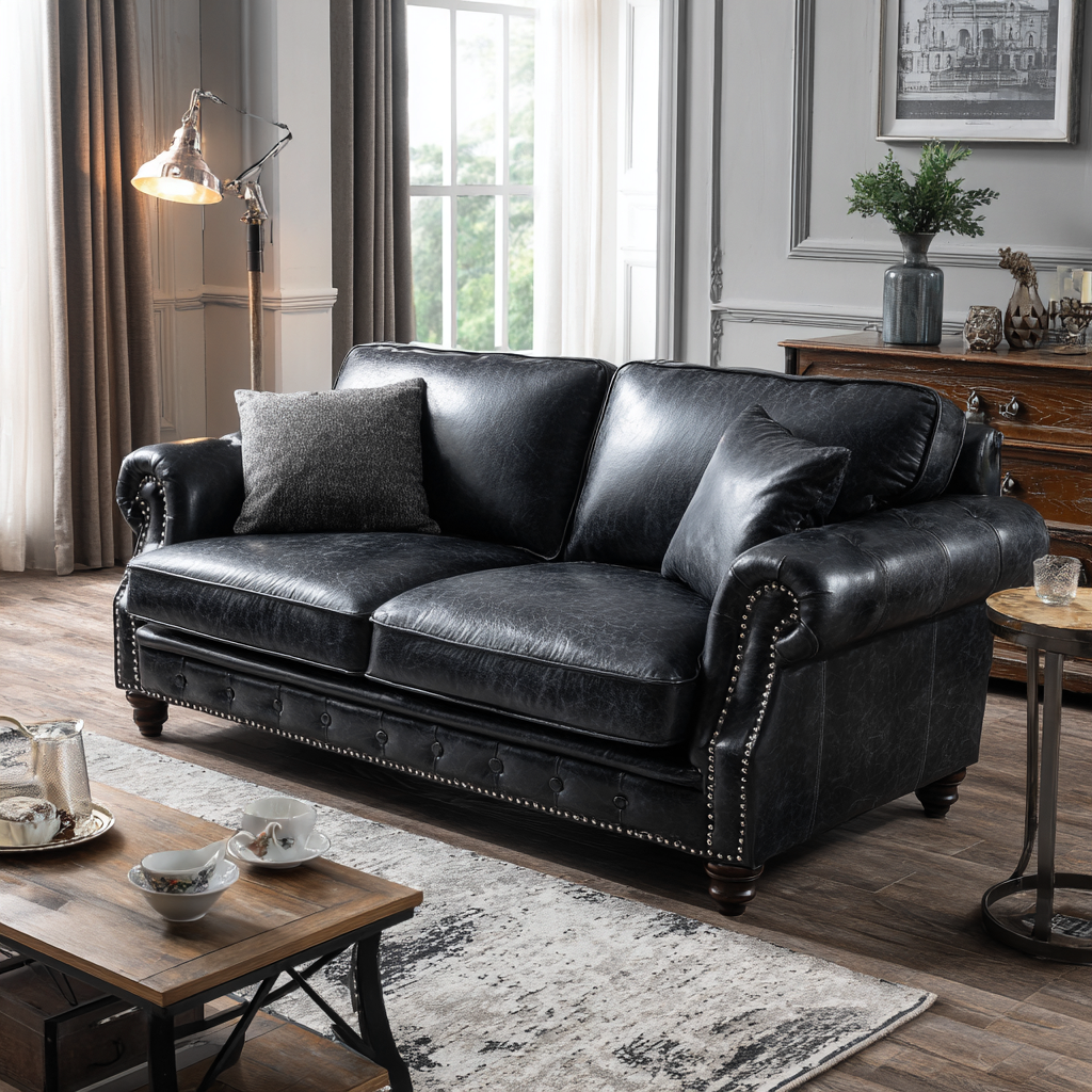 Divano lineare pelle 170x95x88 cm - nero - design classico-Havenilo
