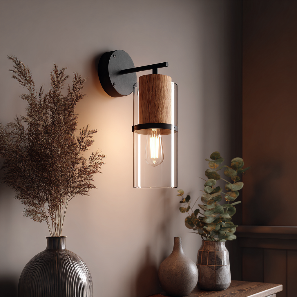 Applique metallo legno vetro 15x12x28 cm - nero-marrone-trasparente - design moderno-Havenilo