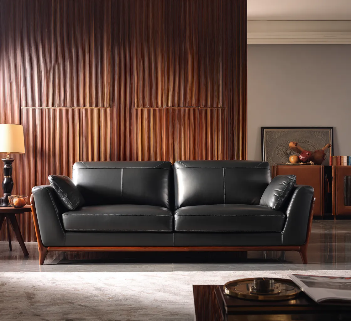 Divano lineare pelle 218x92x88 cm - nero - design moderno-Havenilo