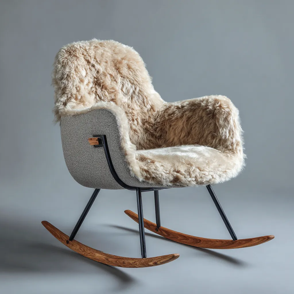 Sedia a dondolo pelliccia-tessuto 80x75x90 cm beige design moderno per soggiorno-Havenilo