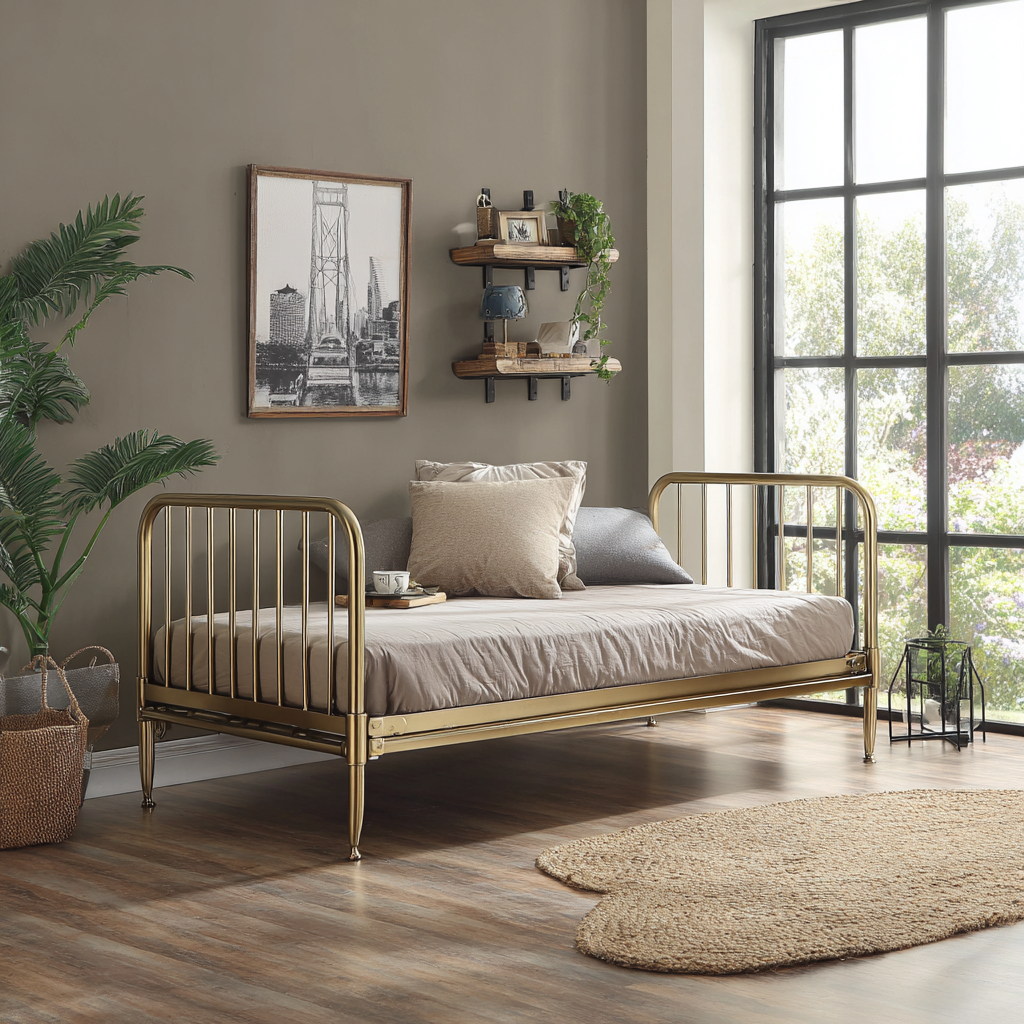 Divano letto metallo 210x95x95 cm oro uso soggiorno - design moderno con struttura a doghe-Havenilo