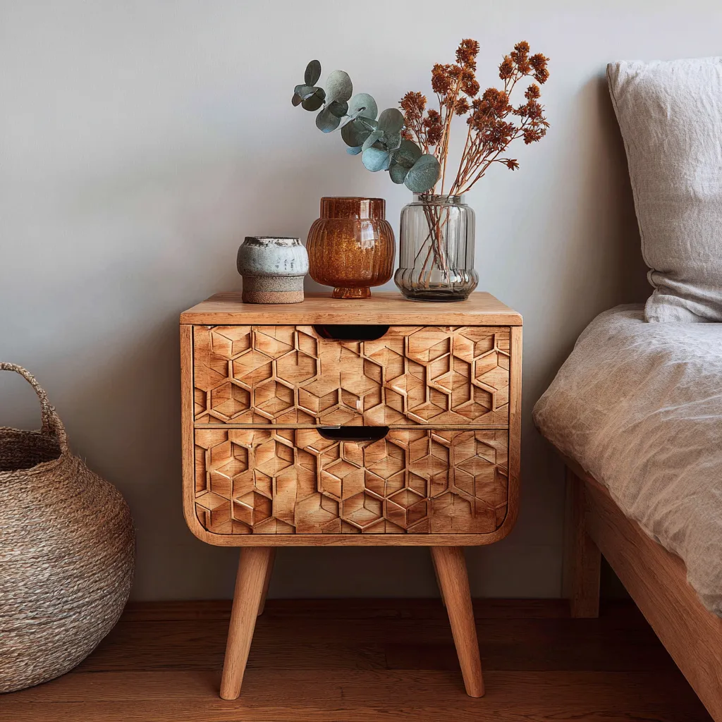 Comodino legno massello intagliato 46x38x58 cm - legno naturale - camera da letto - design artigianale-Havenilo