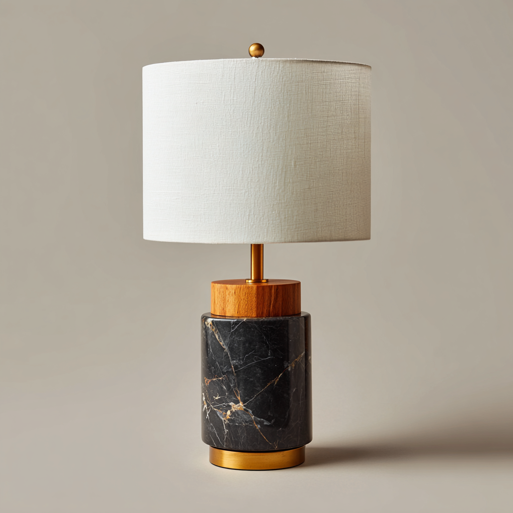 Lampada da tavolo marmo-legno-tessuto 28x28x45 cm - nero-marrone-bianco - design moderno-Havenilo