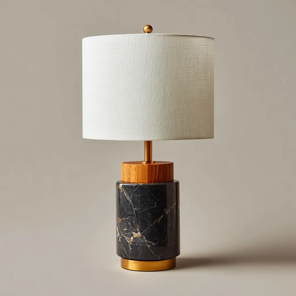 Lampada da tavolo marmo-legno-tessuto 28x28x45 cm - nero-marrone-bianco - design moderno-Havenilo