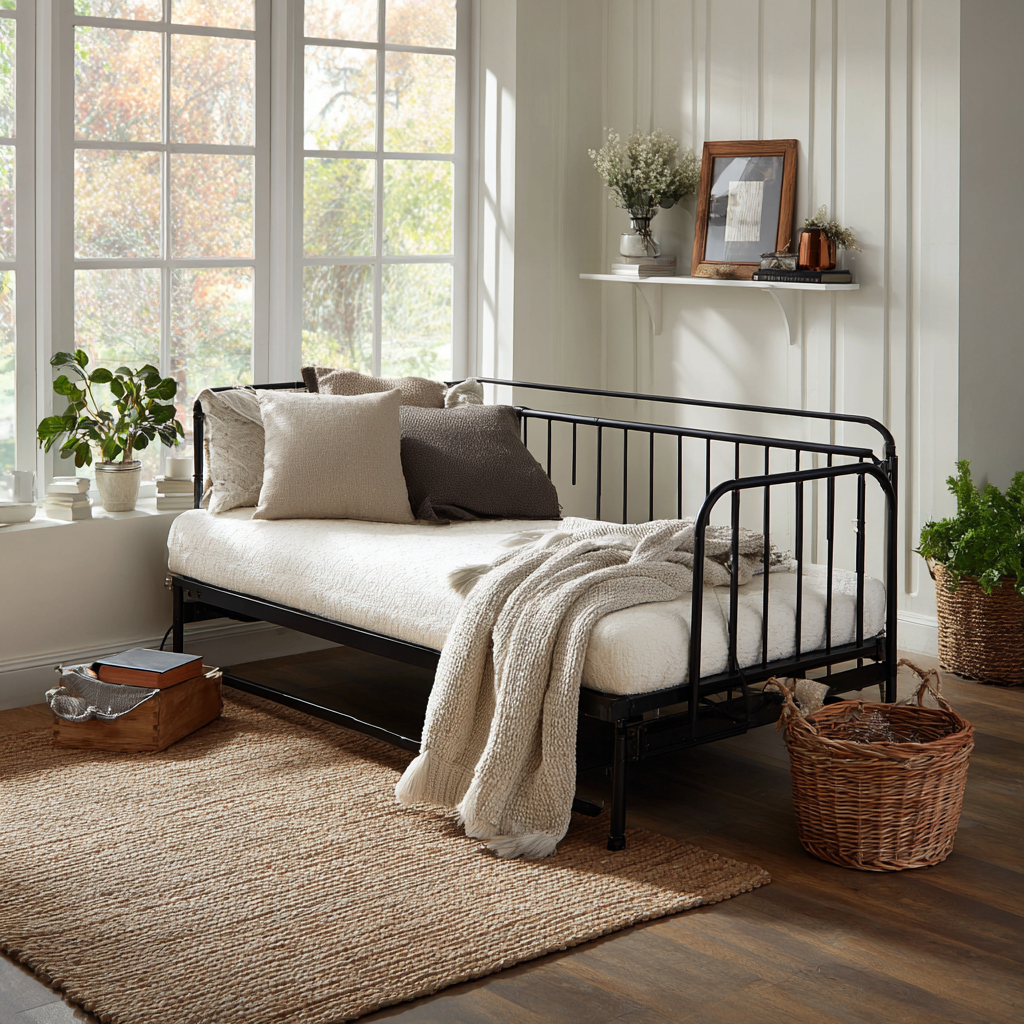 Divano letto 200x90x85 cm - struttura in metallo nero - design semplice-Havenilo