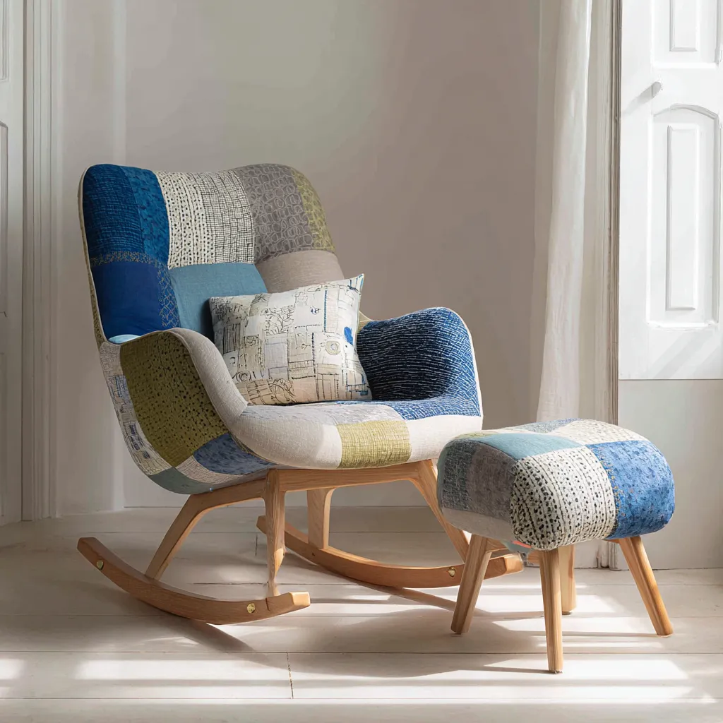 Sedia a dondolo tessuto patchwork 90x75x100 cm - blu-beige-verde - design moderno per soggiorno-Havenilo