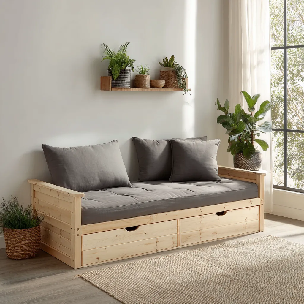 Divano letto legno 205x85x90 cm legno chiaro-grigio uso soggiorno - design con cassetti salvaspazio-Havenilo