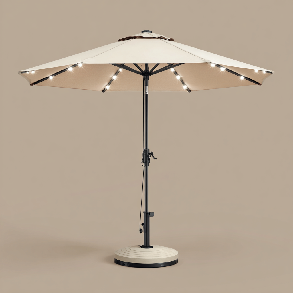 Ombrellone da giardino 270x270x260 cm tessuto avorio con palo in metallo luci LED integrate e base rotonda per terrazza e giardino design moderno-Havenilo