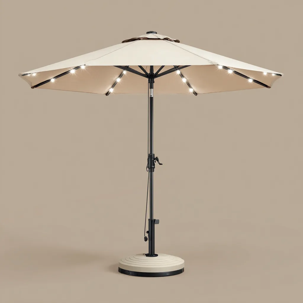 Ombrellone da giardino 270x270x260 cm tessuto avorio con palo in metallo luci LED integrate e base rotonda per terrazza e giardino design moderno-Havenilo