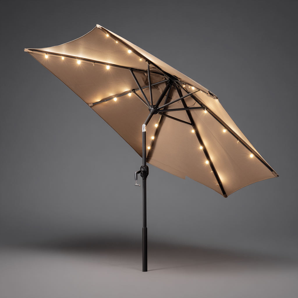 Ombrellone da giardino 260x260x255 cm tessuto beige con palo in metallo luci LED integrate per terrazza e giardino design moderno-Havenilo