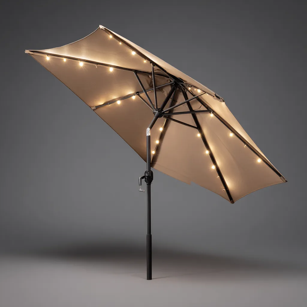 Ombrellone da giardino 260x260x255 cm tessuto beige con palo in metallo luci LED integrate per terrazza e giardino design moderno-Havenilo