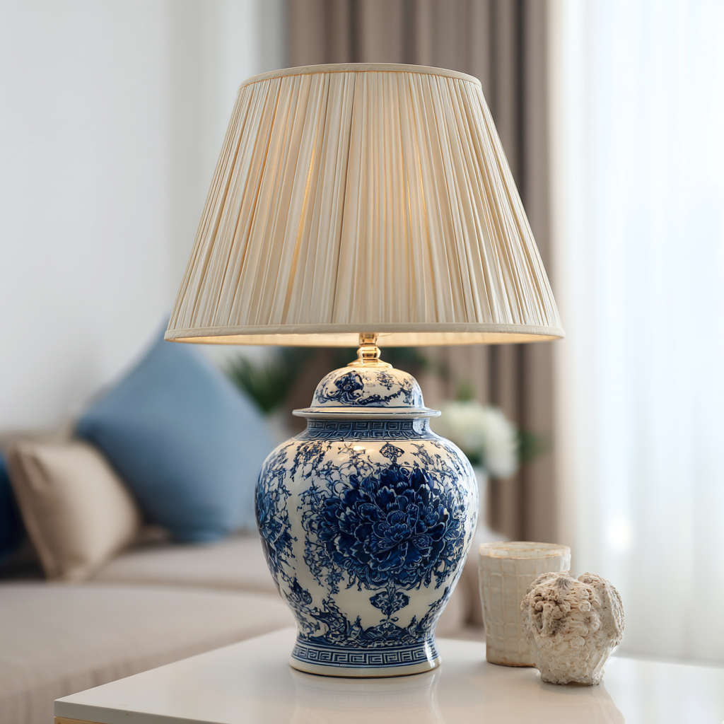 Lampada da tavolo in ceramica e tessuto 30x30x50 cm Bianco-Blu per ambiente interno - design classico-Havenilo