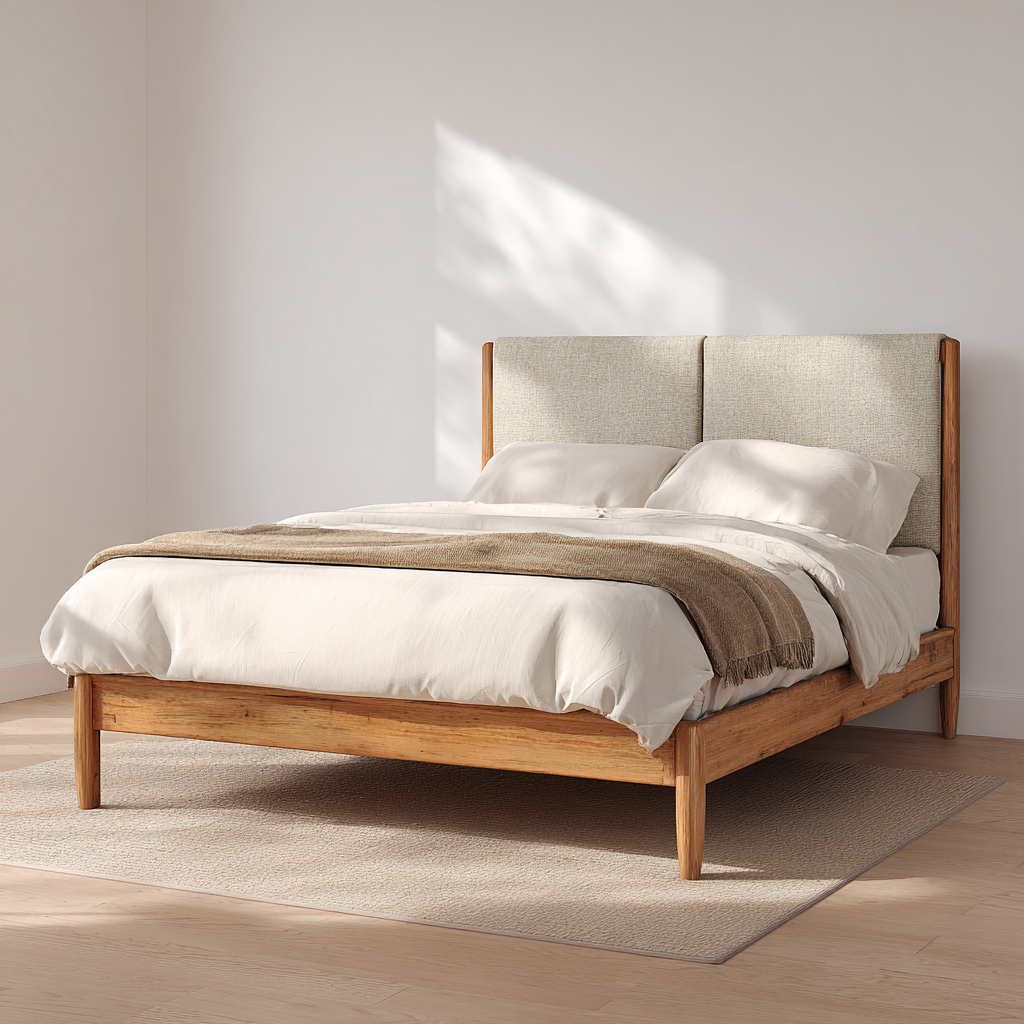 Letto matrimoniale legno 210x165x105 cm legno chiaro-beige uso camera da letto - design moderno con testiera imbottita-Havenilo