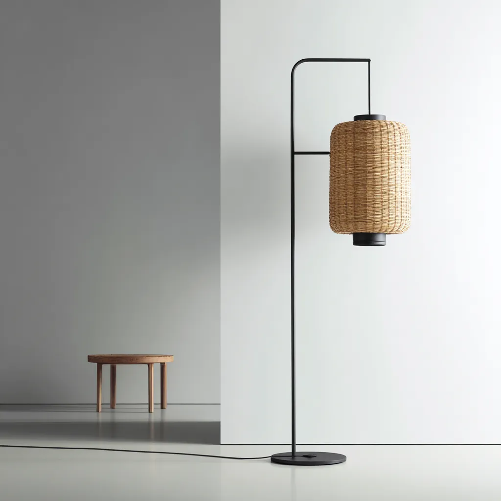 Lampada da terra metallo-fibra 34x34x168 cm nero-naturale design moderno adatta al soggiorno-Havenilo