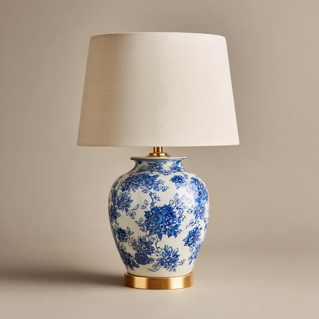 Lampada da tavolo ceramica-tessuto 27x27x48 cm - bianco-blu-beige-oro - stile classico-Havenilo