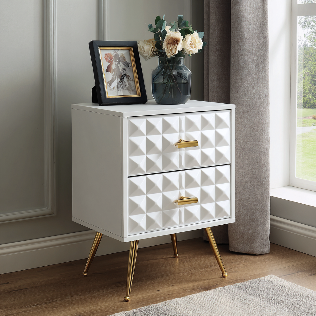 Comodino in legno 45x35x55 cm Bianco-Oro per camera da letto - design moderno-Havenilo