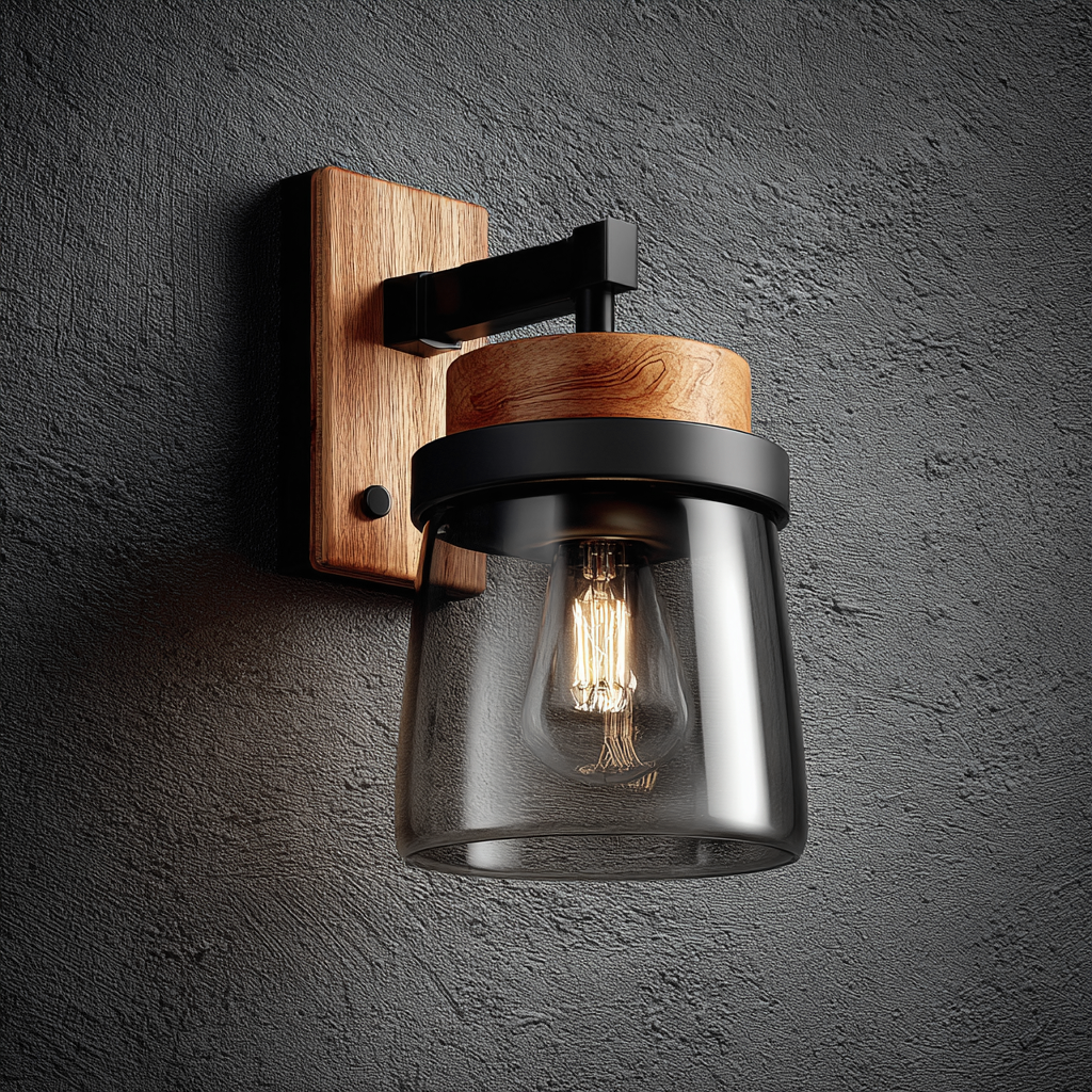 Applique legno-metallo+vetro 20x16x28 cm - legno-nero-trasparente - per interni - design moderno-Havenilo