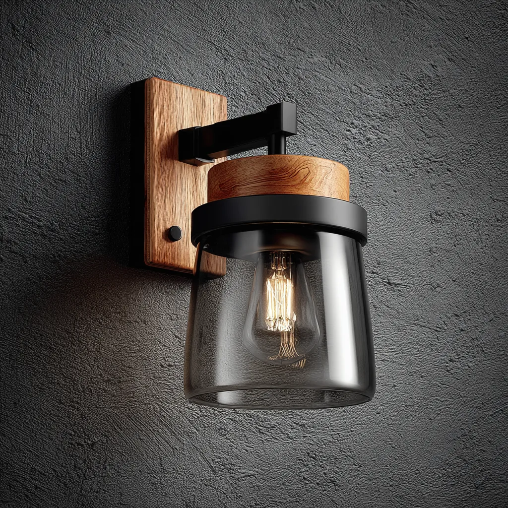 Applique legno-metallo+vetro 20x16x28 cm - legno-nero-trasparente - per interni - design moderno-Havenilo