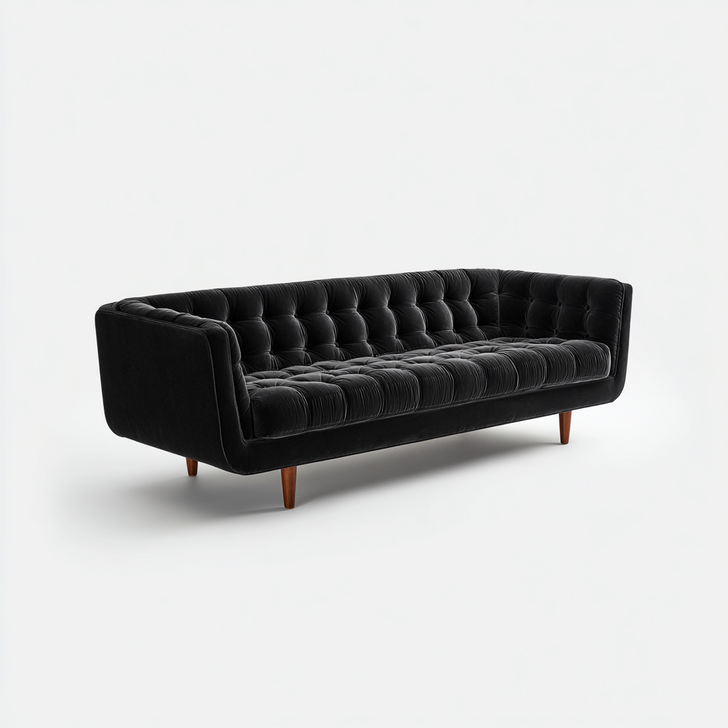Divano lineare velluto 225x86x80 cm - nero - adatto al soggiorno - design mid-century-Livingvo