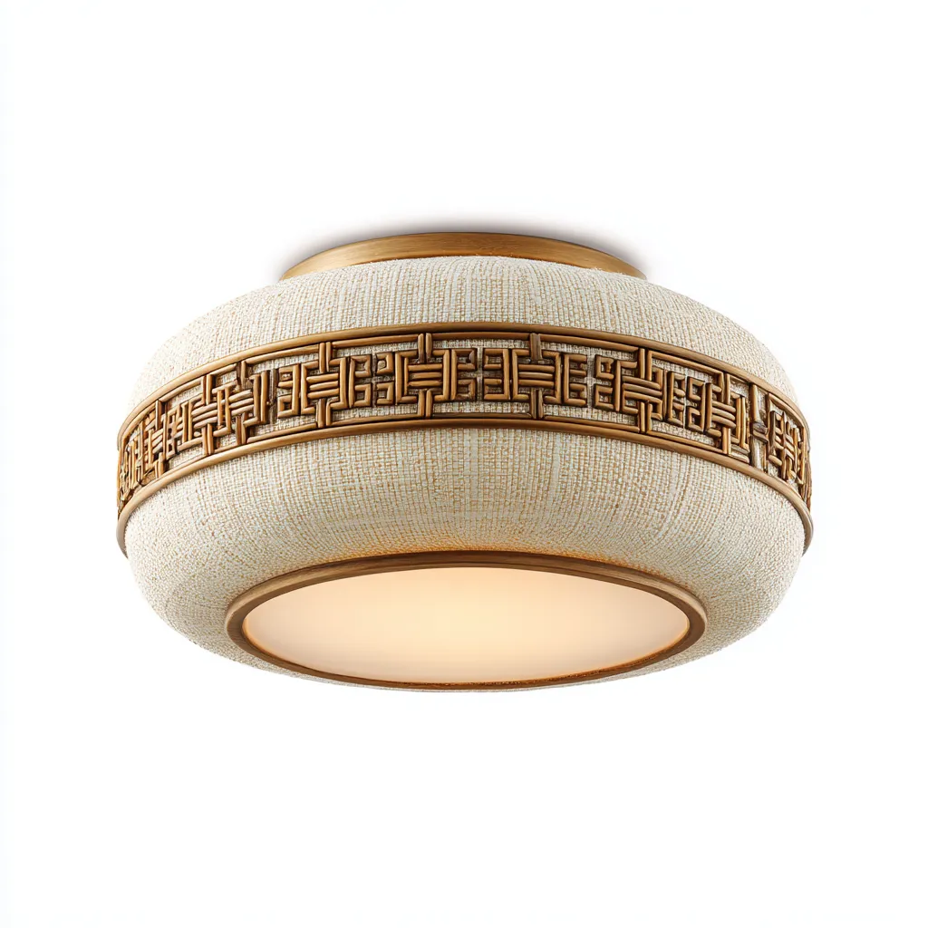 Lampada da soffitto in tessuto e metallo 40x40x18 cm - crema-legno - stile classico-Livingvo