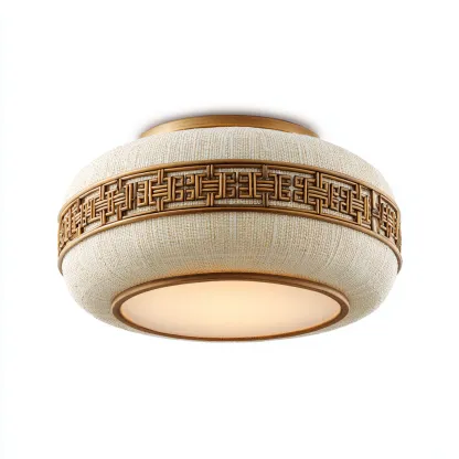 Lampada da soffitto in tessuto e metallo 40x40x18 cm - crema-legno - stile classico-Livingvo