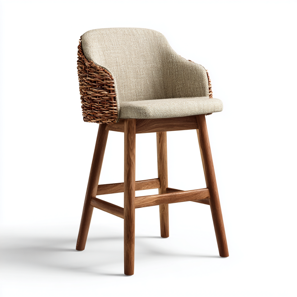 Sgabello da bar Tessuto-Rattan-Legno 45x52x100 cm - Beige-Marrone - Design moderno-Livingvo