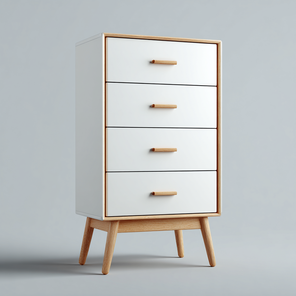 Cassettiera - finitura bianca opaca con base in legno - 58x40x110 cm - bianco-legno - stile nordico pulito-Livingvo