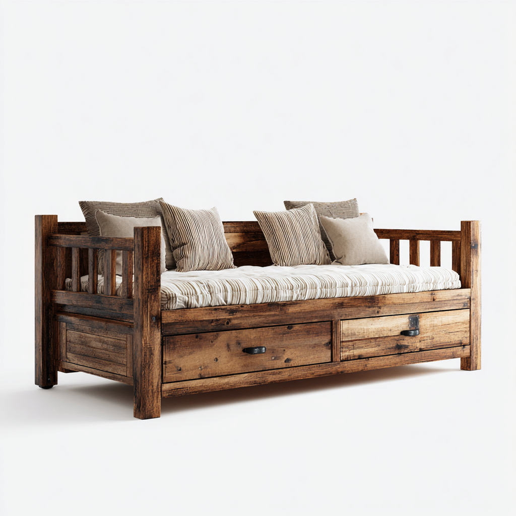 Divano letto-legno riciclato+tessuto-210x95x92 cm-marrone-Stile rustico-Livingvo